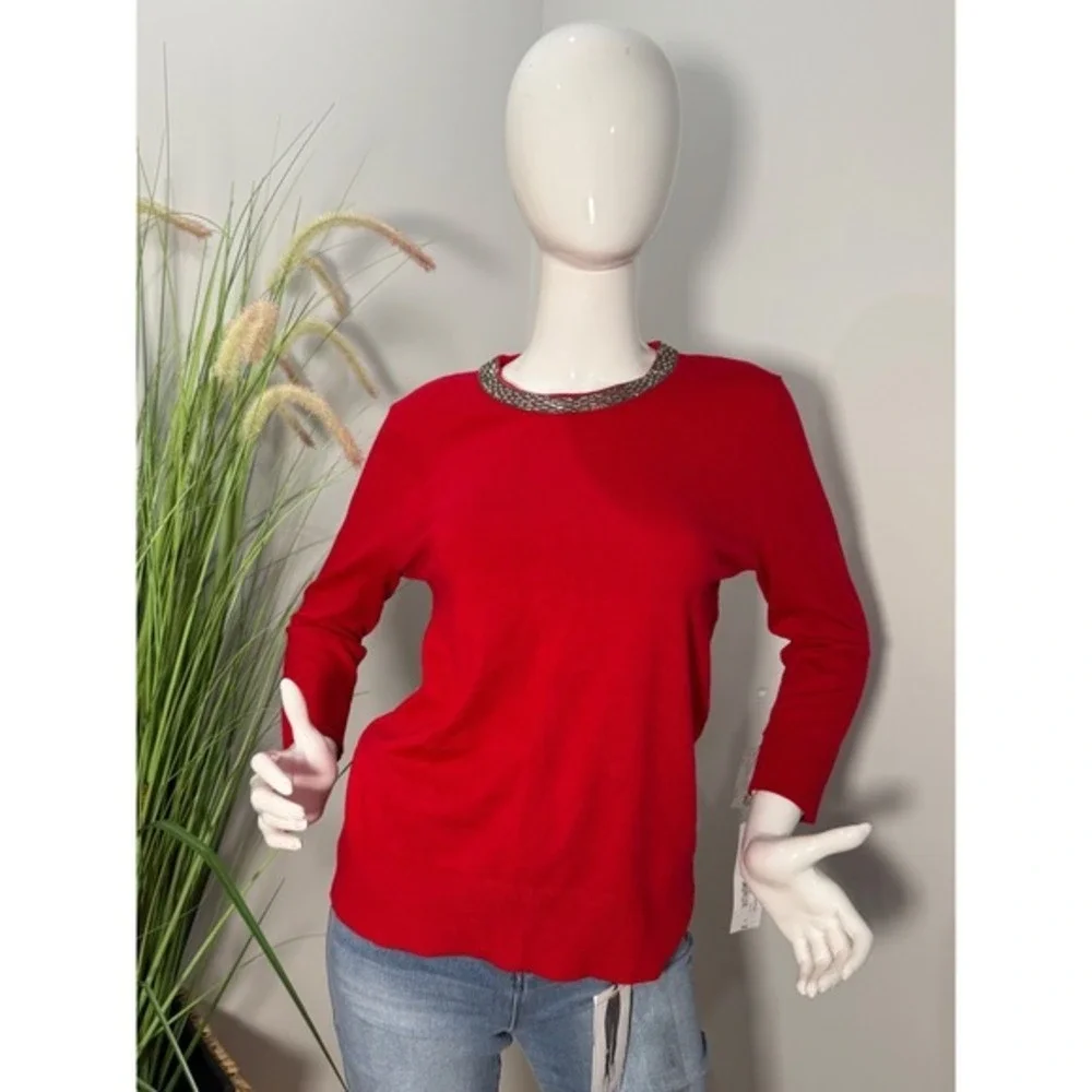 Liz Claiborne‎ Red Jeweled Neck 3/4 Sleeve Sweater Top Elegant Knit Size L NEW